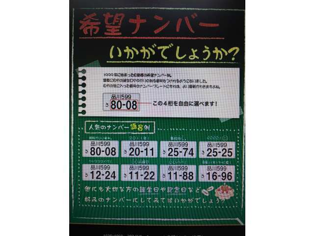 ナンバープレートの下4桁の数字をお好みにお選びいただけます。一部、抽選番号あり。