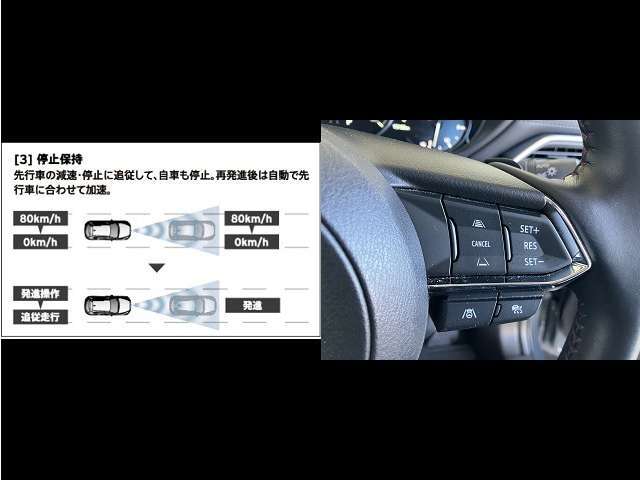 【　MRCC　】ミリ派レーダーで前方の走行車との車間距離を認識。30から100km/hの範囲で、自動追従走行を可能にしています。