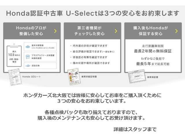 ホンダカーズ北大阪では3つの安心をお約束します！