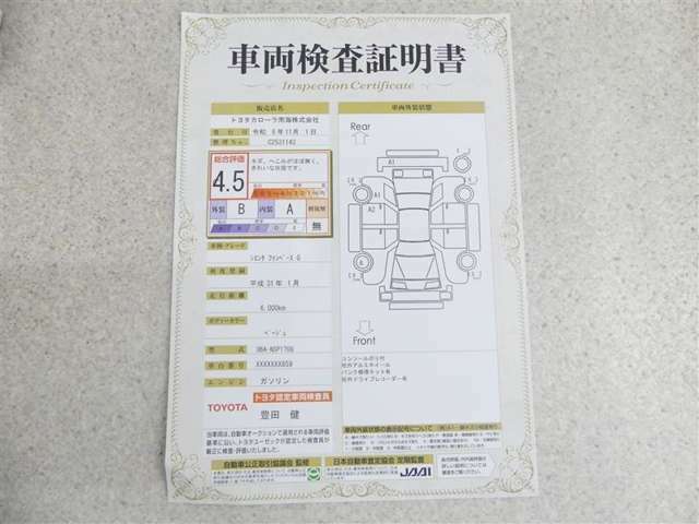 車両検査証明書付きです！だれでも中古車の状態がすぐにわかるよう、車のプロが客観的にチェック。車両の状態やわずかなキズも正確にお伝えします。