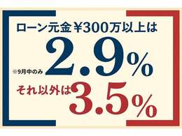 9月中に限り特別低金利のご案内です！ローン元金300以上で2.9％ローン元金300以下は3.5％でご案内となります。※今月限りでのご案内となります。