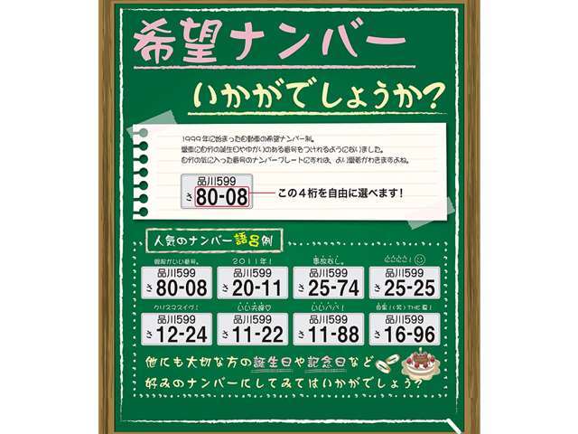 希望ナンバーを取得するパックです。お好きな数字・思い出の数字をお客様の愛車にも！※一部取得出来ないナンバーもございます。※人気の数字等は、抽選になることがございます。ご了承ください。