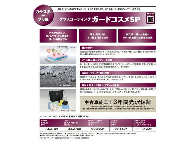 ガードコスメSPは、ホンダ純正のコーティングでガラス系とフッ素系のハイブリッドタイプ。美しさという価値を高めながら、大切な愛車を守ります。