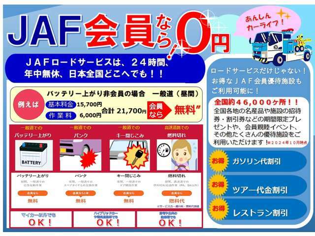 Aプラン画像：いつ、どこで起こるかわからないクルマのトラブル。電話で迅速にサポート！安心のカーレスキュー『JAF』加入プランです。