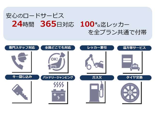 24時間年中無休で対応可能です！ガス欠やキー閉じ込み、バッテリー上がりなど身近によくありがちなトラブルにも抜かり無く対応してくれます♪正直言って『使える』プランです♪