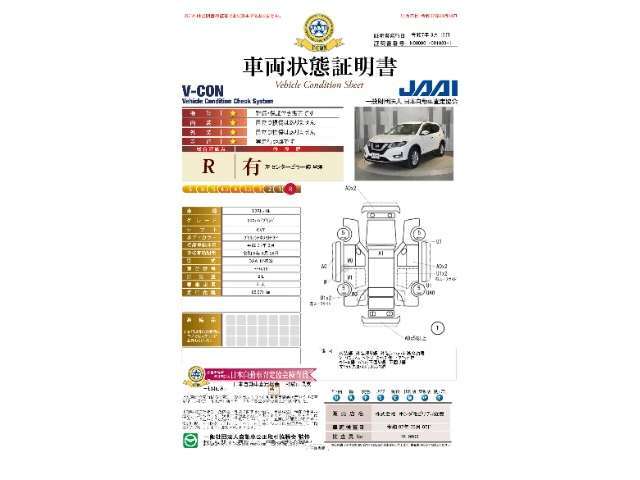 【車両状態証明書】修復歴や板金塗装跡の有無はもちろん、車両図を見ながら傷や凹みも実車で確認でき安心していただけます。