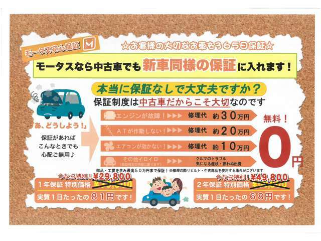 ご納車後1年以内お車に不具合が起こった際、当店工場にて部品交換・修理を受けて頂けます！多くの中古車をお探しの方からお喜び頂いております！！