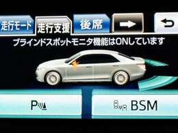 BSM（ブラインドスポットモニタ）！隣の車線を走る車両をレーダーで検知し、ドアミラーでは確認しにくい後側方エリアに存在する車両に加えて、急接近してくる車両も検知します。