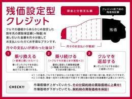 残価設定型クレジットなら、従来の全額を分割してお支払い頂くクレジットに比べ月々のお支払いを軽減、驚くほどラクラク！お支払いの最終回は、3つの選択肢がございます。