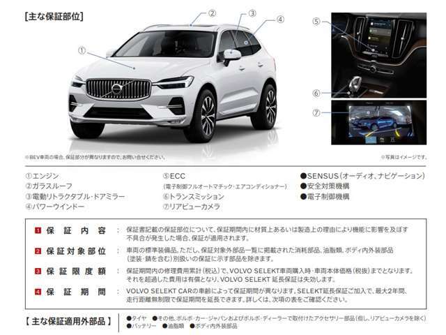 VOLVO SELEKT保証の一般保証なら、ボルボ先進安全技術機構をはじめ、電子制御機構やエンジン、トランスミッションまで主な部位をカバーします。