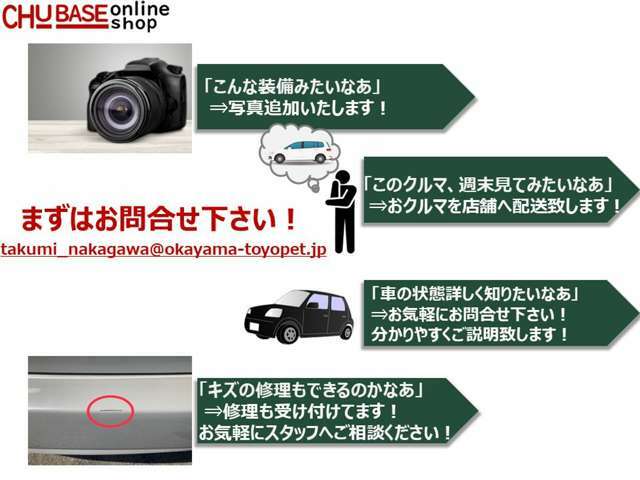 まずは気軽にお問合せ下さい！「こんな装備は付いてるの？」「安全装備はあるのかなあ？」ちょっとした疑問でもお任せください！