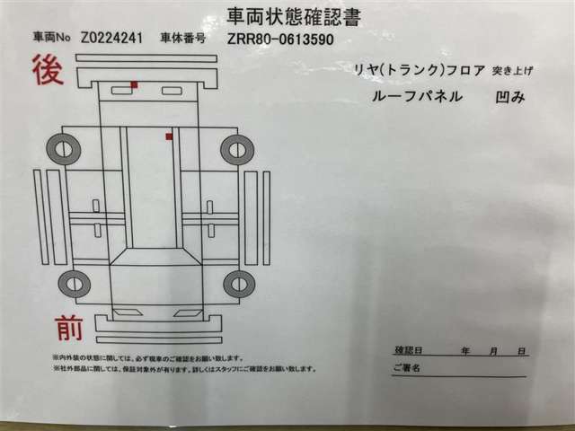 車両状態チェックシートです。営業スタッフがしっかり説明いたします。