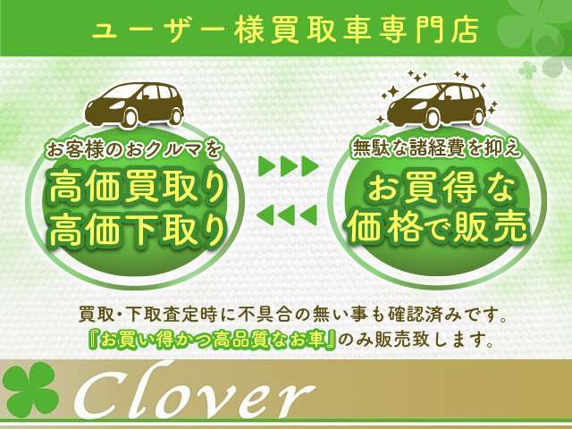 【全車ユーザー様買取車】当店ユーザー様から買取・下取りさせて頂いた新鮮なお車を販売致しております。仕入れに余分なコストがかからず、お買い得な価格での販売が可能となります。