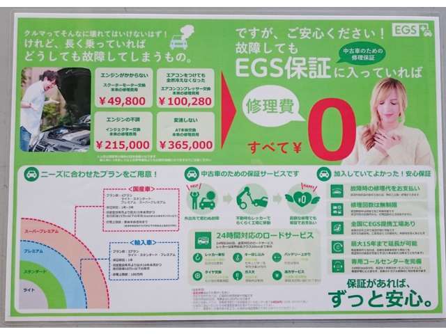 エンジン、ミッション、ステアリング機構、プレーキ機構の主要部分等50項目に、24時間365日対応のロードサービスが付いています。