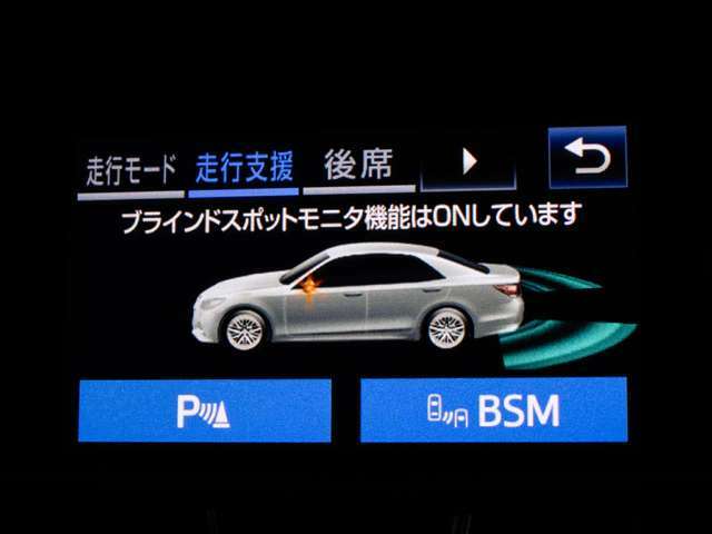 BSM（ブラインドスポットモニタ）！隣の車線を走る車両をレーダーで検知し、ドアミラーでは確認しにくい後側方エリアに存在する車両に加えて、急接近してくる車両も検知します。