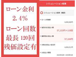 ローン金利2.4％　最長120回迄　（　例：総額609万円頭金無し・120回均等払いの場合57，133円