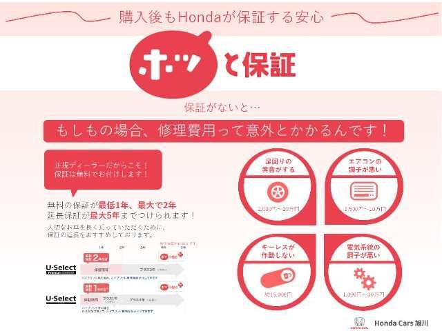 Hondaの中古車は無料保証付き☆また少しのご負担で保証期間を延長することもできます！グレードによって保証期間が異なりますのでスタッフまでお尋ねください(*^_^*)