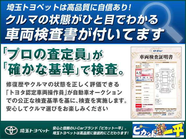 ネットでお車をお探しの方でも、お車の状態が一目で分かりやすい。トヨタ検査員による品質評価表つきで車両の状態詳細を明記致しておりますのでお気軽にお尋ね下さい。