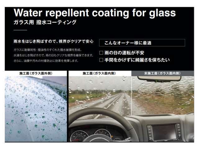 ガラスに耐摩耗性・撥油性のすぐれた撥水被膜を形成。水滴をはじき飛ばすので、雨の日もクリアな視界を確保できます。さらに、油膜や汚れの付着防止に効果を発揮します。