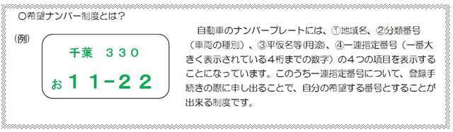 装備内容備考：希望ナンバーを取得します。お好きな数字・思い出の数字をお客様の愛車にも！※一部取得出来ないナンバーもございます。※人気の数字等は、抽選になることがございます。ご了承ください。