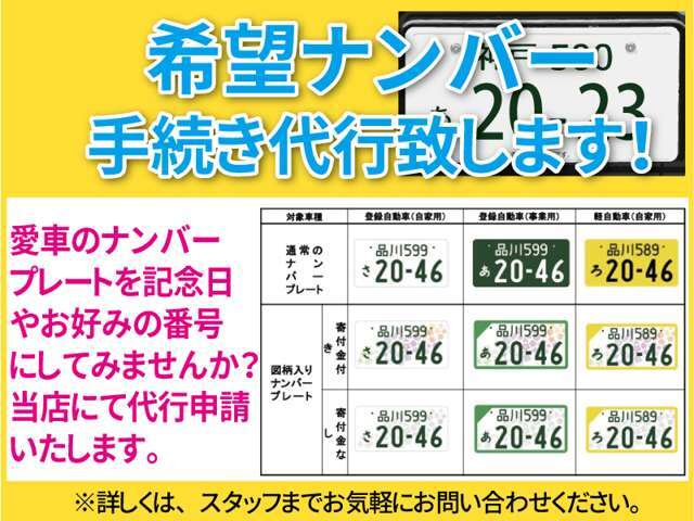 ナンバープレートに希望する番号を付ける事が出来ます♪(但し、申込は抽選番号以外となりますので、ご了承ください。)