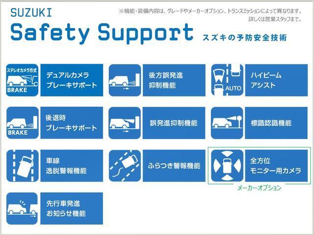 安心して、楽しくスズキのクルマに乗っていただきたいという想いから生まれた「スズキ　セーフティ　サポート」※機能についての詳細はスタッフまで。
