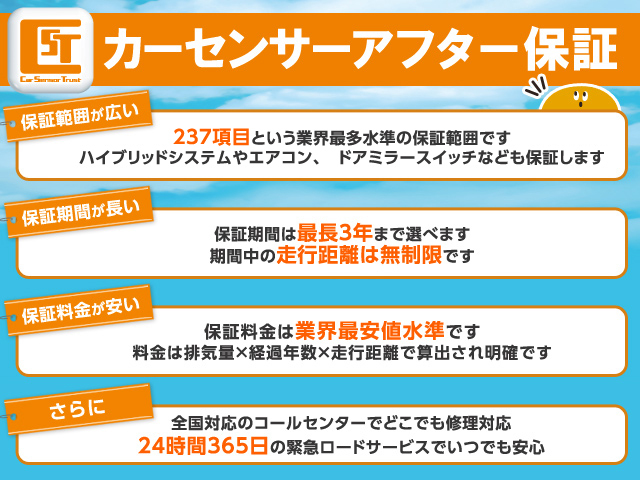237項目という驚きの保証範囲！(福祉車両装備部分は保証対象外/こちらは弊社保証にて対応致します)金額の上限も無制限！期間は1年から3年までお選び出来、全て走行無制限！24時間365日全国対応のロードサービス付！