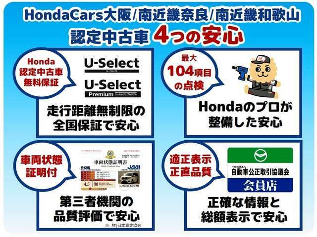ホンダカーズ大阪認定中古車では、厳しいHonda認定基準をクリアした厳選されたHonda認定中古車のみ、取り扱っております。「ご購入前の安心」「納車後の信頼」を車両と一緒に提供しております。
