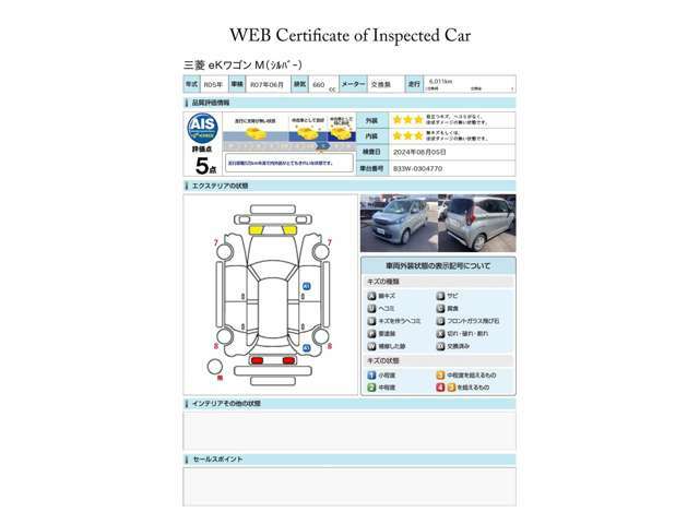 第三者評価機関「AIS社」の車両検査済み！総合評価5点（評価点はAISによるS～Rの評価で令和6年8月現在のものです）です♪