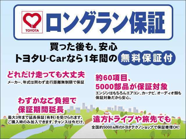 Aプラン画像：距離無制限1年間の保証付き！全国どこのトヨタディーラー様でも対応可能！幅広い保証範囲ですのでご安心ください♪