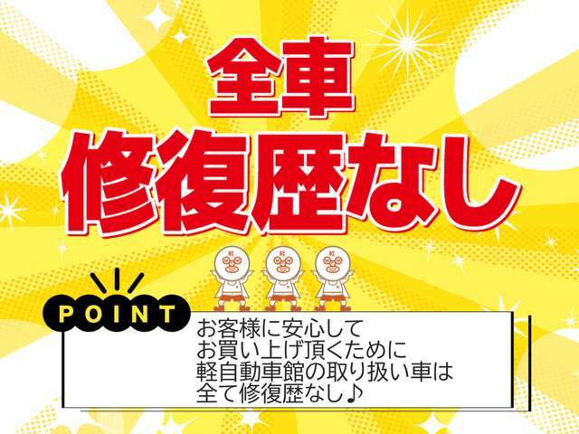 軽自動車館の取り扱い車は、全て修復歴なし。お客様に安心してお買い上げ頂くために、「修復歴がない」軽自動車の仕入れにこだわっています。