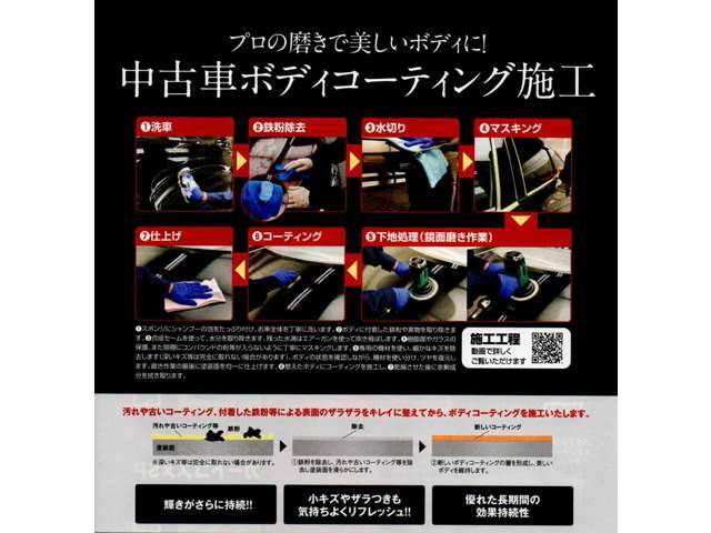 滑水性被膜による防汚効果のあるガラス系ボディーコート剤です。ガラスのように非常に硬質な被膜へと転化し、塗装面をしっかりガードするとともに、塗装面を色あせ・色ムラから防ぐことができます。