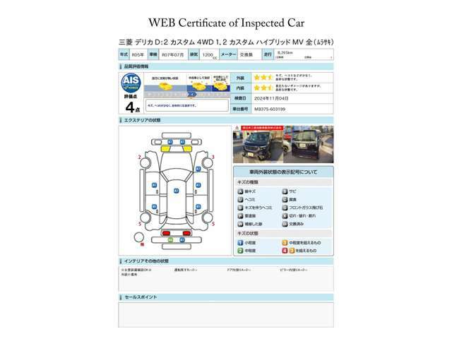 第三者評価機関「AIS社」の車両検査済み！総合評価4点（評価点はAISによるS～Rの評価で令和6年11月現在のものです）です♪