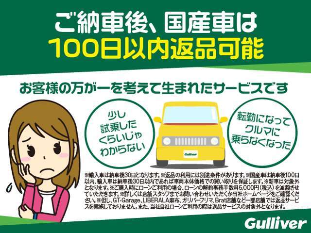 ◆返品を余儀なくされた場合でもご納車後100日以内であれば返品可能です。※返品の利用には別途条件があります。詳細な内容に関してはは店舗までお気軽にお問い合わせ下さい。