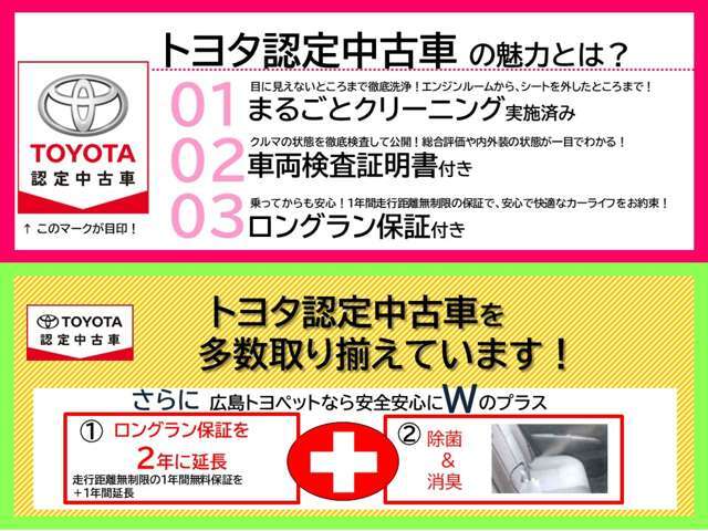 広島トヨペットでは通常1年間のロングラン保証にもう1年保証を＋（プラス）　2年間のロングラン保証を付けさせていただいております。全国のトヨタ系ディーラーで保証を受けて頂けます。