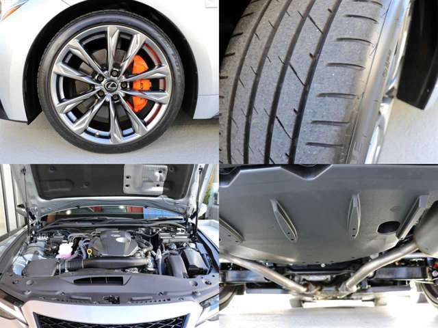 メーカーオプションのFスポーツ専用オレンジブレーキキャリパーです。Fスポーツ専用19AWです。タイヤの残り溝は8分山ほどです。AWの状態もきれいです。エンジン回り・下回りもきれいな状態です。