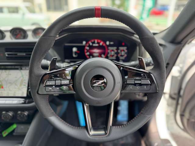 ☆レッドセンターマーク付レッドステッチ入革アルカンターラ巻きコンビステアリングホイール/ステアリングスイッチ/パドルシフト♪