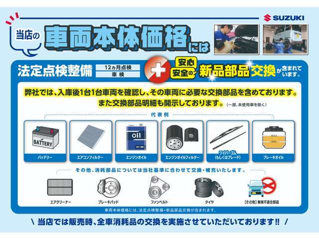 弊社ではお客様に安心、安全にお車に乗っていただくために販売時は上記の内容で法定点検整備を実施させていただきます。1台1台車両を確認し整備させていただきますので、納車時にはご安心して乗っていただけます！