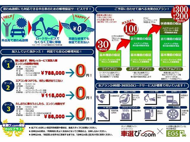 ・全国のディーラー、EGS認定修理工場にて修理可能。・24時間365日対応のロードサービス付、自社運営の専用コールセンターでフルサポート。