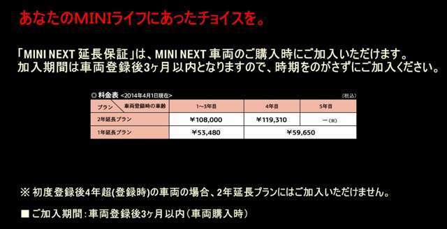 2年延長プラン、1年延長プランをお選びいただけます！！初年度登録から4年経過（登録時）の車両の場合、1年延長プランのみご加入いただけます。ご加入頂ける期間は、車両購入時のみとなっております！！