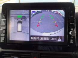 アラウンドビューモニター画像になります。4方向のカメラ画像を合成をし、上から見たような画像にしバック駐車時の死角を無くします。