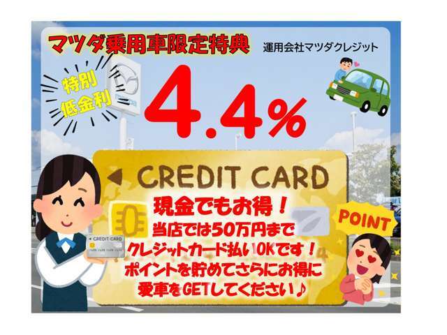 【購入応援！低金利企画実施中】この機会にぜひ！、また「現金派」の方もお得♪お手持ちのクレジットカードで50万円まで支払いOK！併用可能です。ポイントも貯まり、低金利でお得に愛車をGETしてください♪