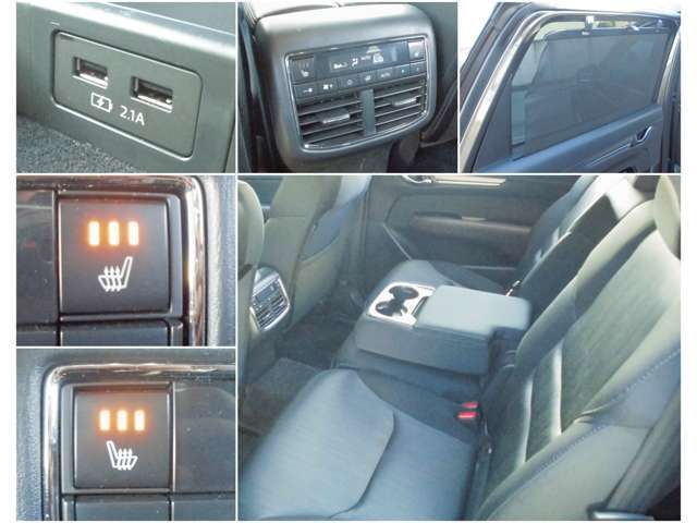 後部座席に乗車した方も快適な、ドアバイザー、シートヒーター、ドリンクホルダー付きセンターアームレスト、充電用USBコネクターも搭載されております。