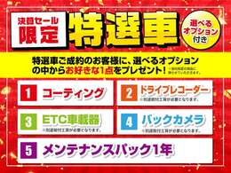 特選車ご成約のお客様に、選べるオプションの中からお好きな1点をプレゼント！※当社指定の商品に限ります。別途取付工賃が必要な特典がございます。