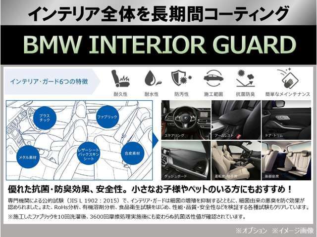 【BMWインテリアガード】愛車の空間をもっと清潔で快適に！幅広い素材に対応するので、シートだけでなくインテリアの各部をコーティングします。※オプション