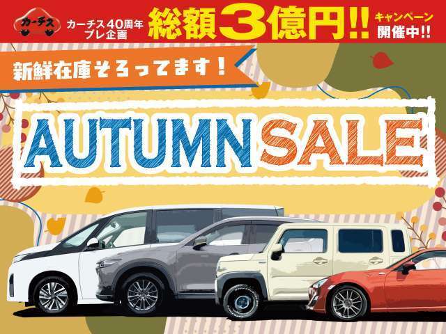 ☆AUTUMUN SALE☆総額3億円キャンペーンも同時開催！目玉車・お買い得車両ぞくぞく入荷中です。車探しから保証・メンテナンスまで徹底サポート♪任意保険もお任せ下さい♪詳しくはスタッフまで♪