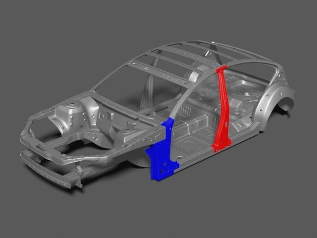 こちらは基本的な車両のレントゲン画像です。赤い部分は交換箇所、青い部分は鈑金箇所です。当店自慢の鈑金職人による作業でお車の安全に全力を尽くしております！詳しくはスタッフまで！！！