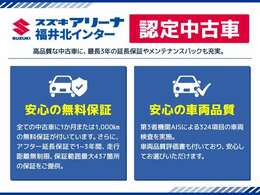 全ての中古車に無料保証1か月または1,000km保証が付いています。アフター延長保証で保証を1年～3年に延長できます。走行距離無制限。AISによる324項目の車両検査を実施しております。