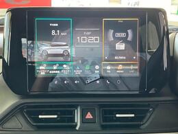 ディスプレイオーディオの通常表示画面！左側に車両情報表示！右側にオーディオ表示！中央は日付＆時間表示！