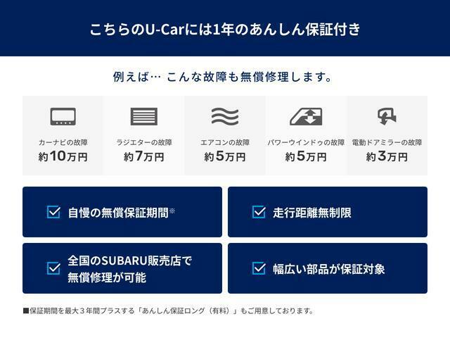 VALUE CHOICEはご納車日から1年間(走行距離無制限)の保証をすべてのスバルディーラーで受けて頂く事が可能です。＊補償対象外部品もございます。詳しくはスタッフまで！